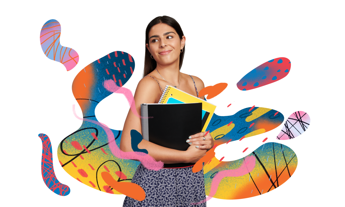 UCLA Student Holding Folders Looking Over Shoulder on Stylized Background