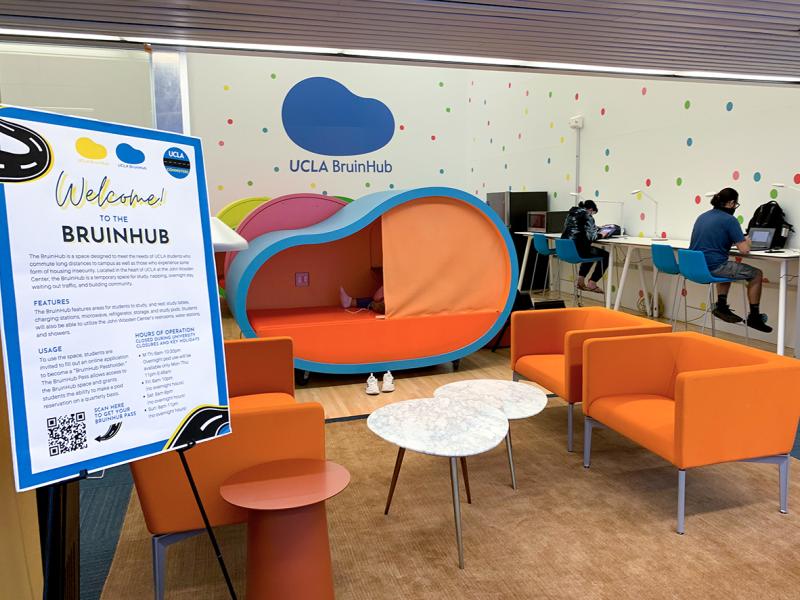 BruinHub space for commuting students with study space and resting pods.