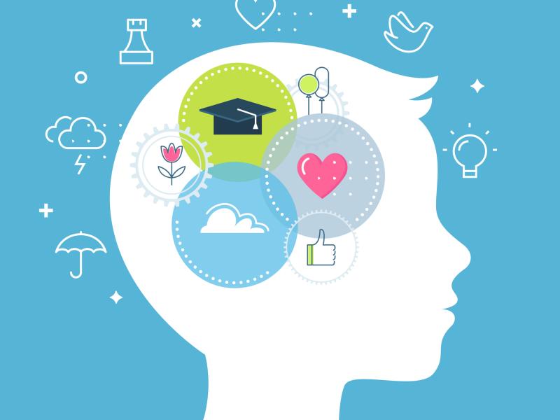 Illustration of a white gender neutral head with icons related to wellness on a blue background. 